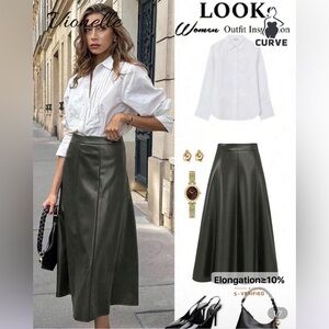 Vionelle Plus Size Dark Green PU Leather A-Line Midi Skirt